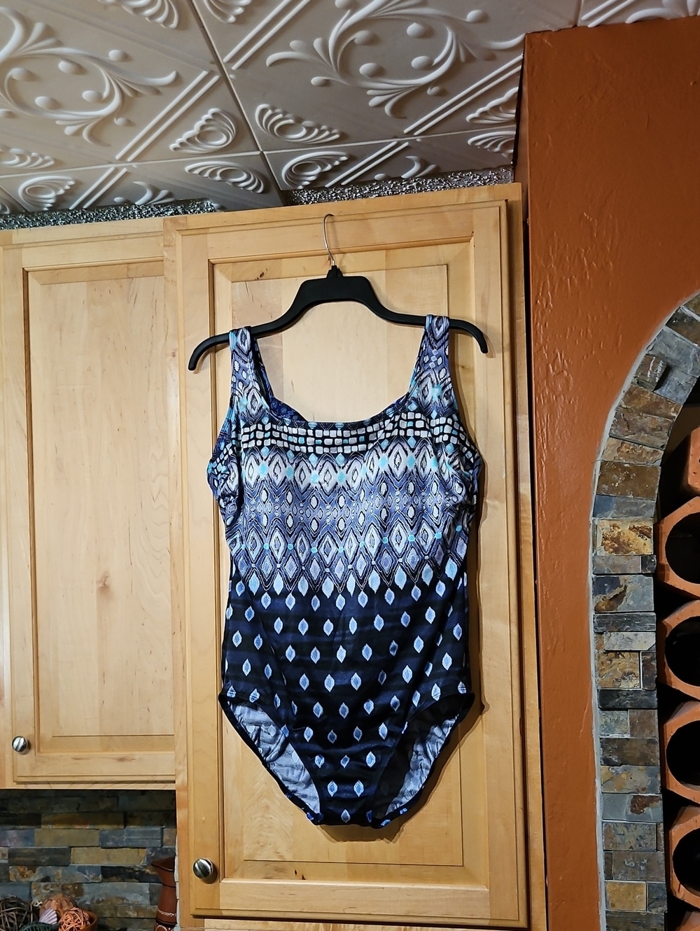Longitude Blue Purple Cream Silver Print Strappy One Piece Swimsuit Padded